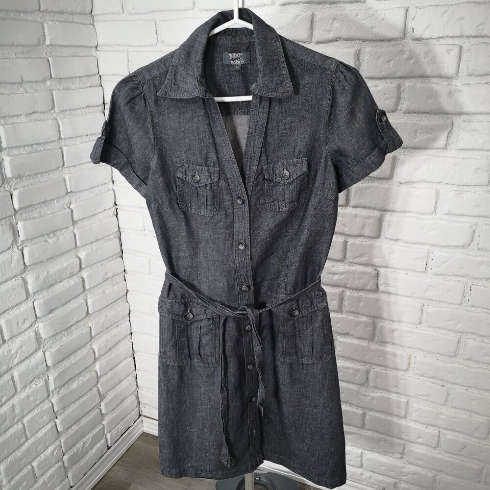 RW&CO Ladies Size Small Dark Grey Button Front V-neck Tie Belt Denim Dress